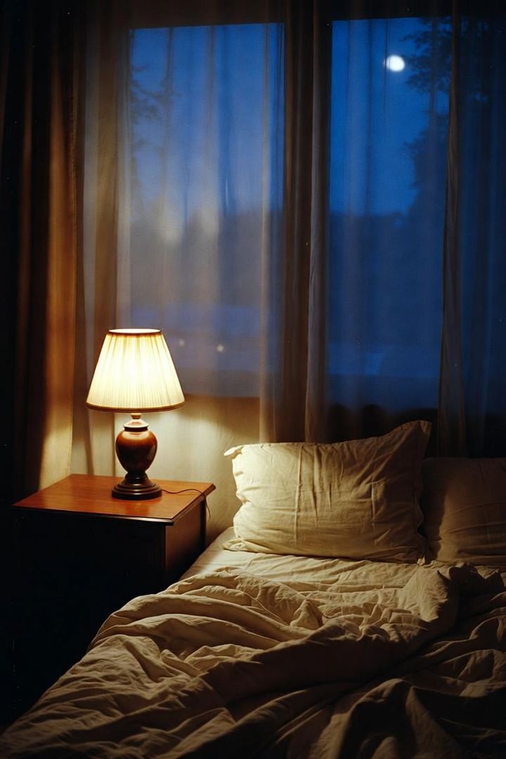 A quiet bedroom at night with a warm bedside lamp and moonlight through the curtains