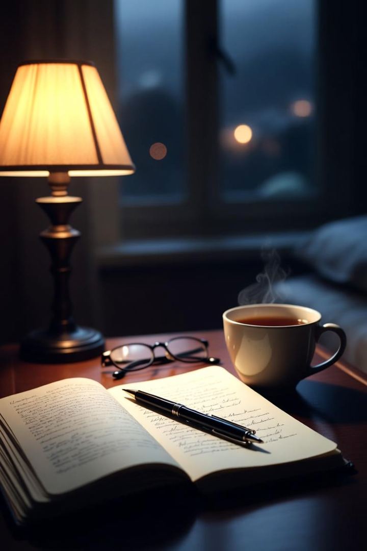 An open notebook and pen beside a cup of tea under a warm lamp at night